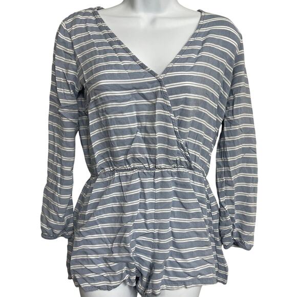 FOREVER 21 Rompers Women M Blue White Striped V-Neck Long Sleeve STAIN - Picture 1 of 6